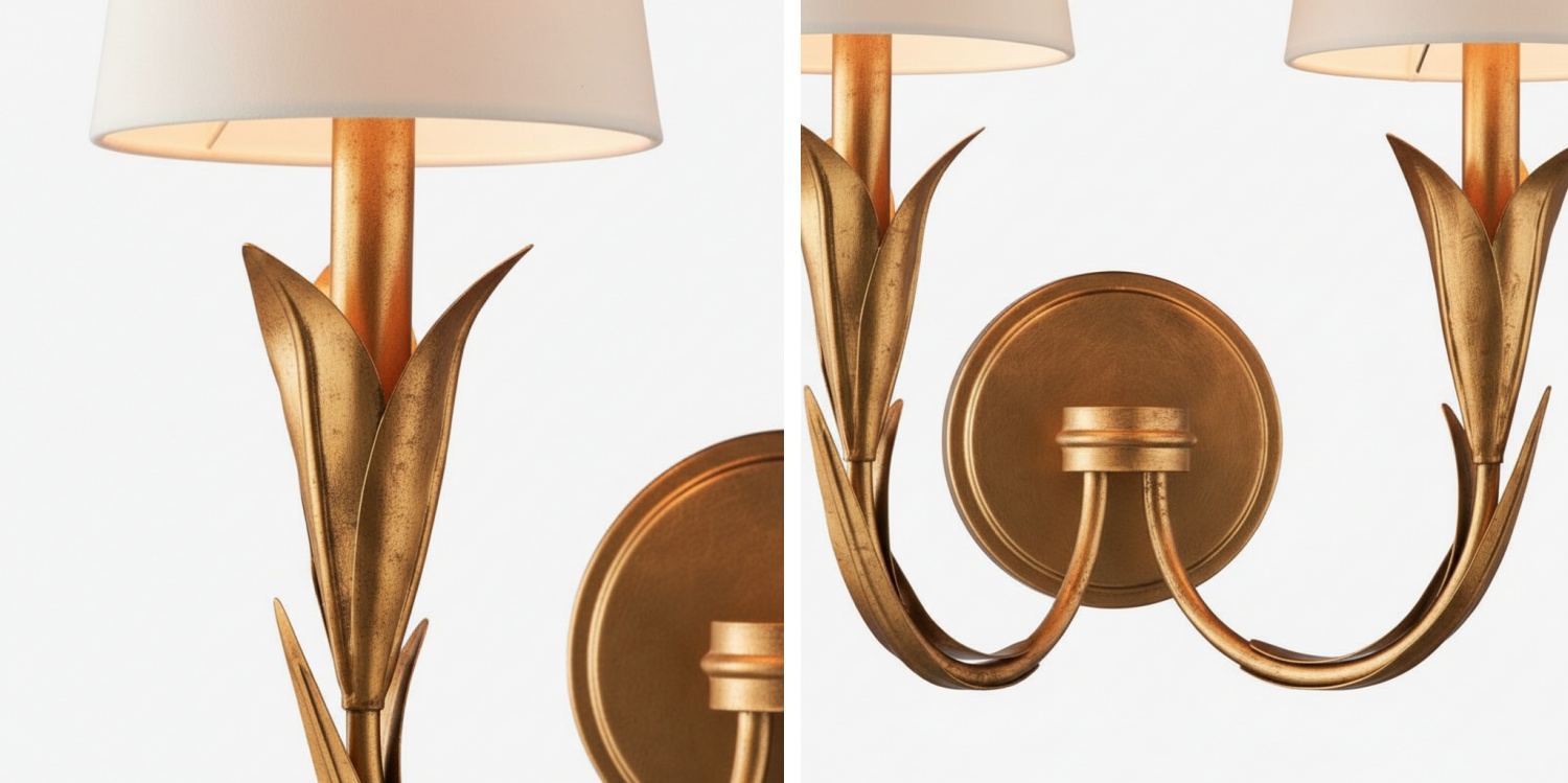 Close-up van de Duova wandlamp met rietvormige metalen armen
