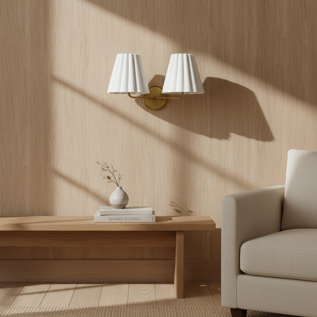 Ruffmeto wandlamp boven een houten tafel