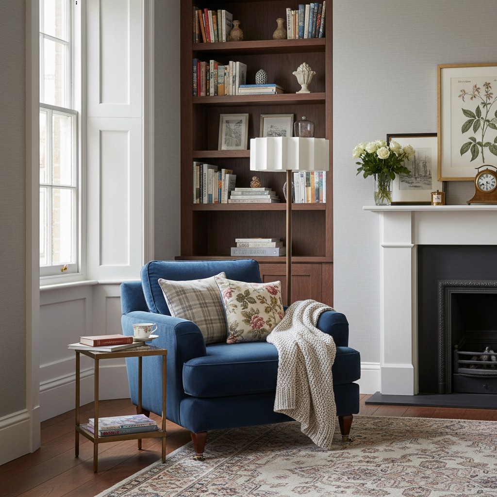 Cavilon vloerlamp bij een blauwe fauteuil en open haard