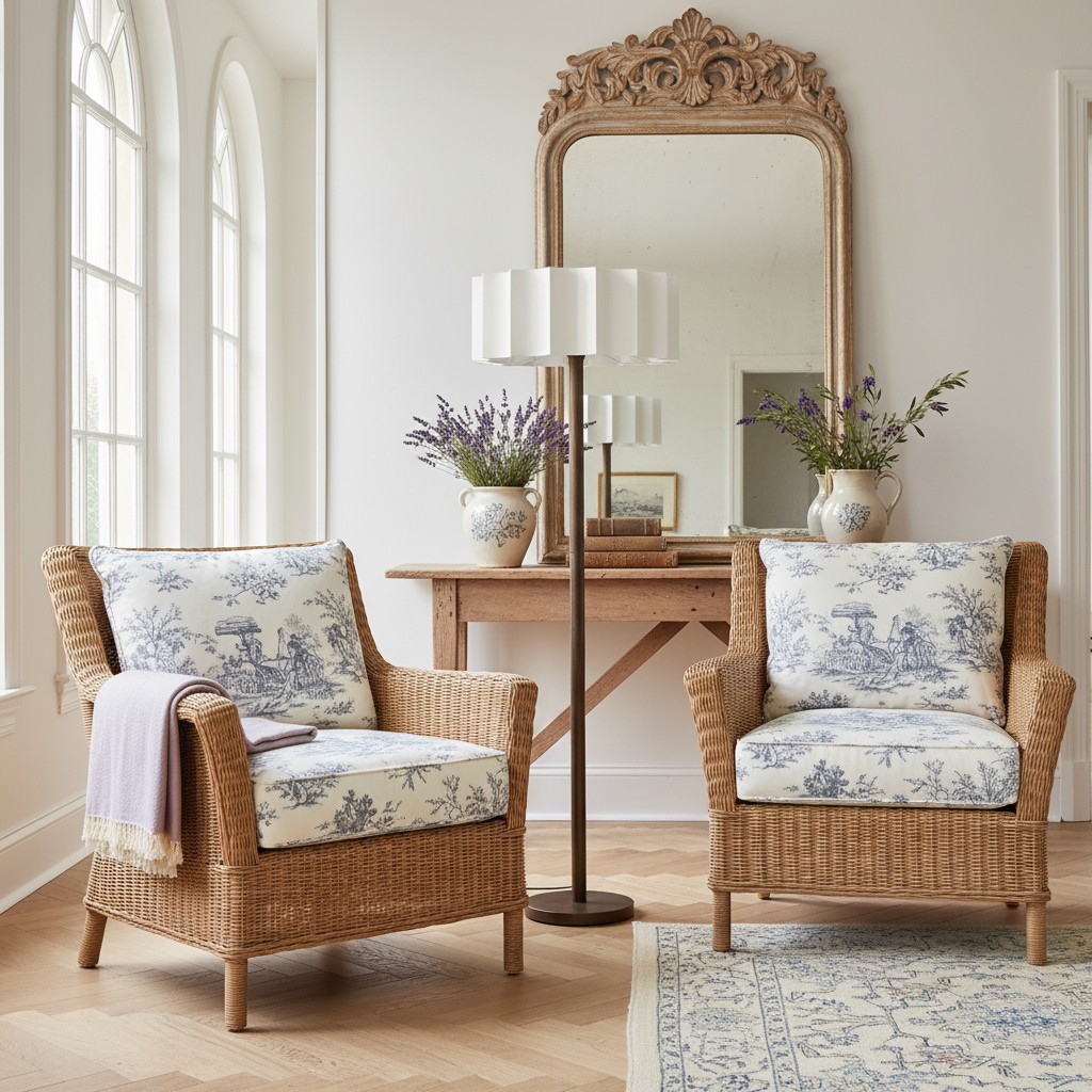 Cavilon vloerlamp tussen rotan stoelen