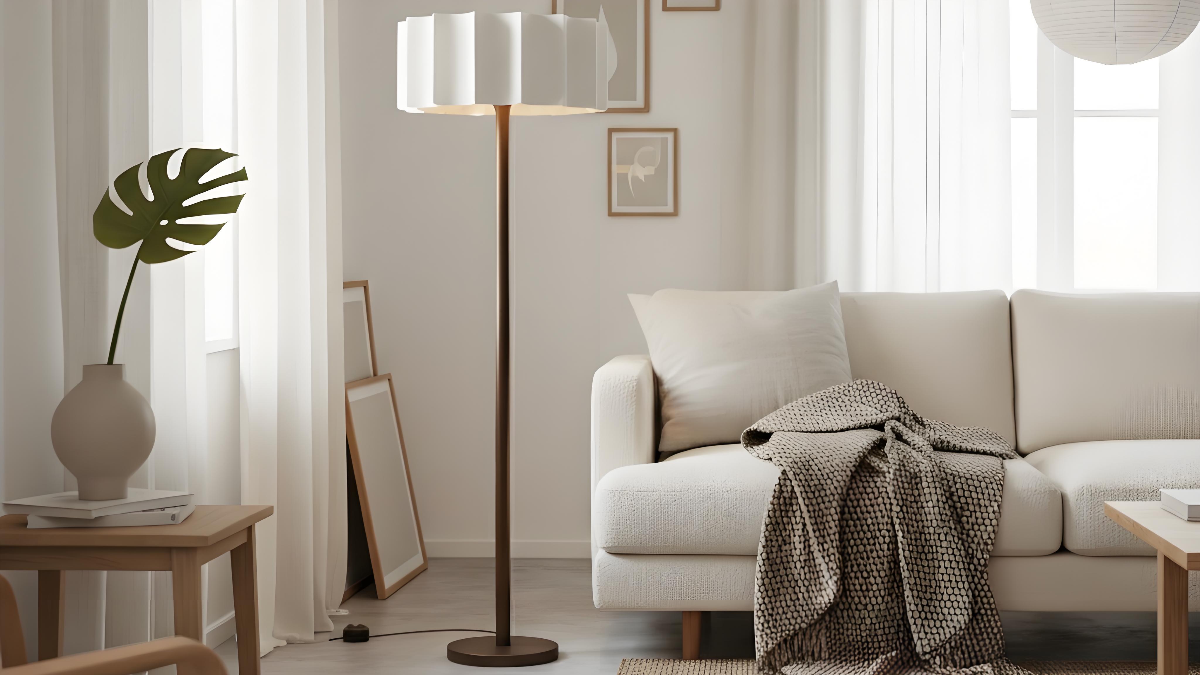 Cavilon staande lamp met zachte stoffen kap in een lichte woonkamer