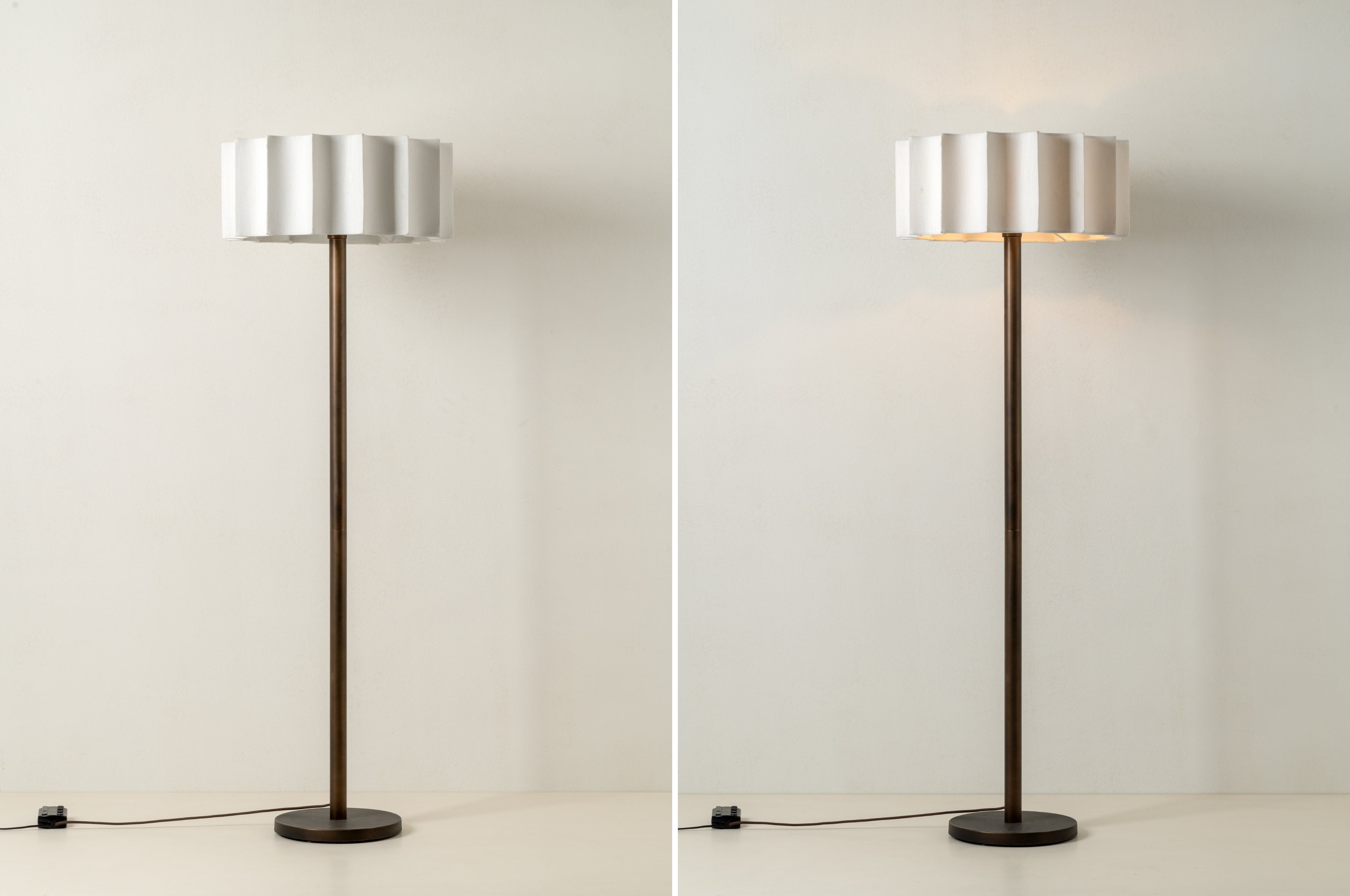 Vergelijking van de Cavilon vloerlamp met licht uit en licht aan