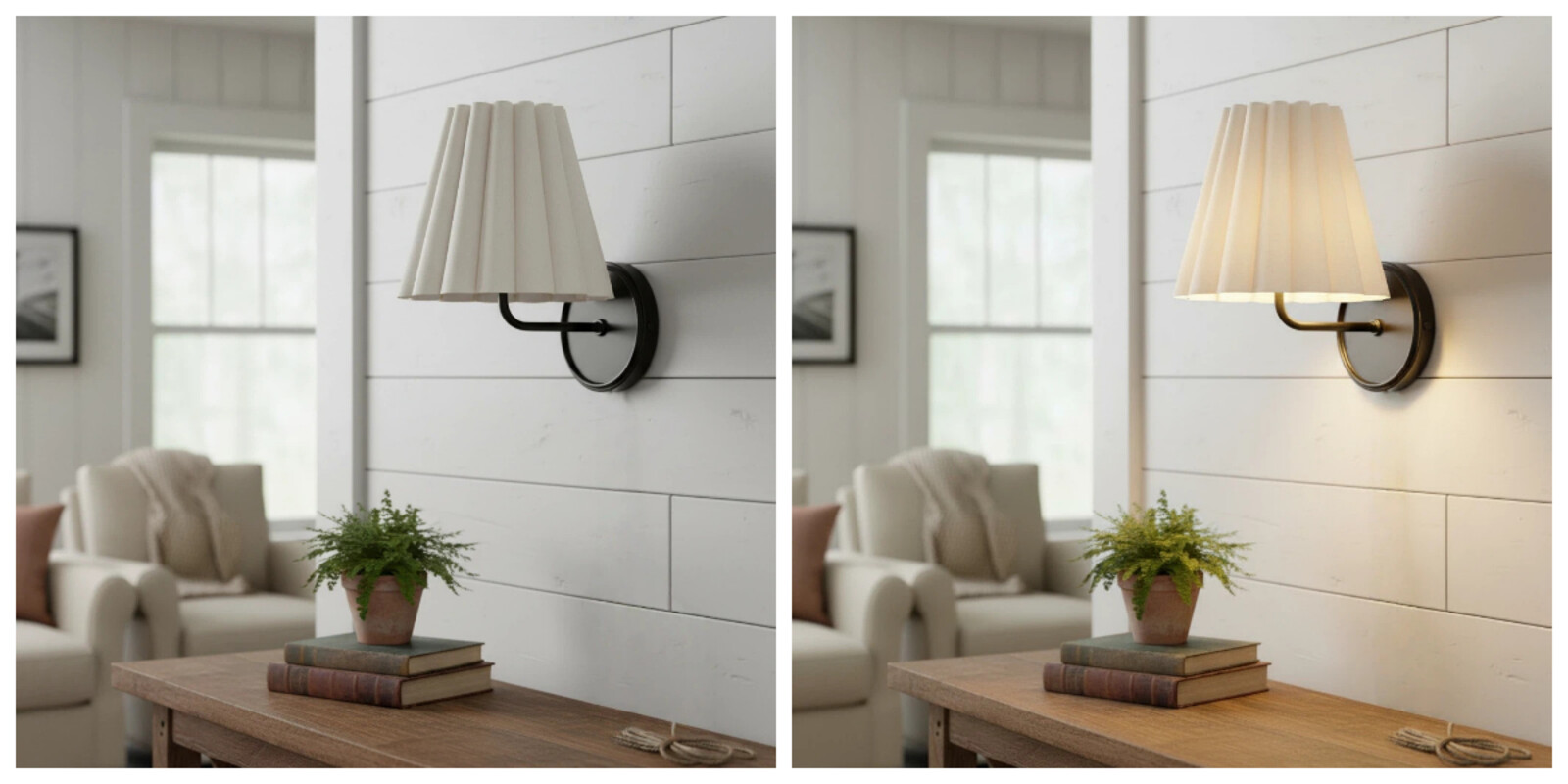 Vergelijking van de Ruffmeto wandlamp met licht uit en aan