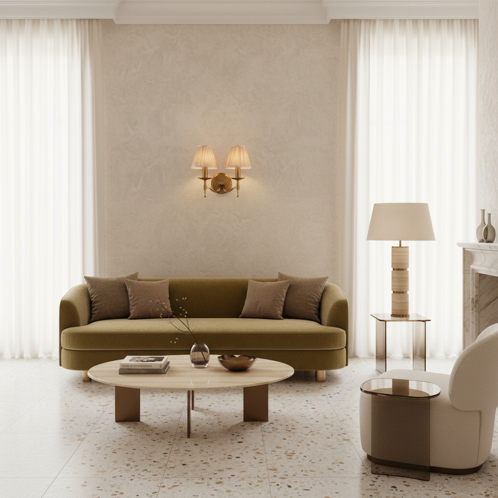 Tela double brass wall light in a living room setting