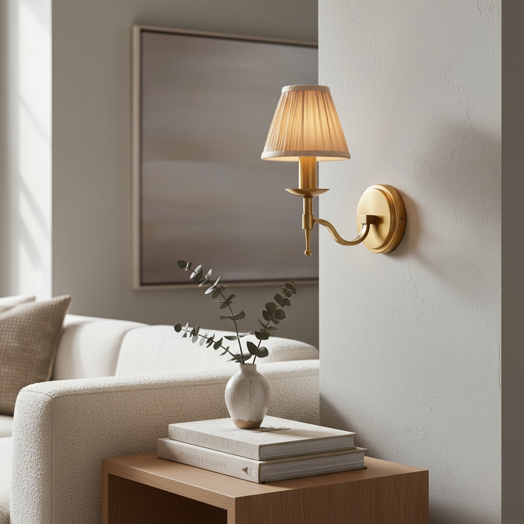 Tela brass wall light by a sofa and side table