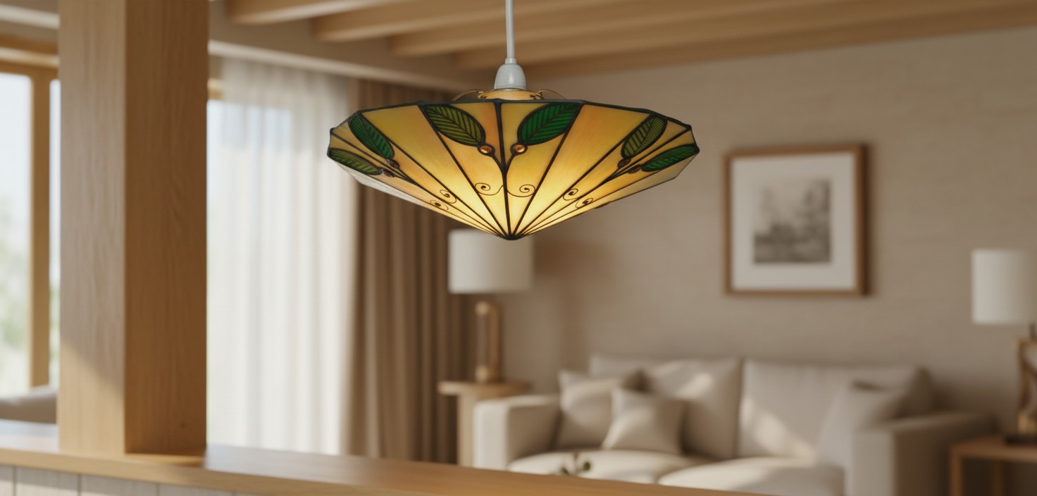 TF Harken hanglamp in Tiffany-stijl in een woonkamer