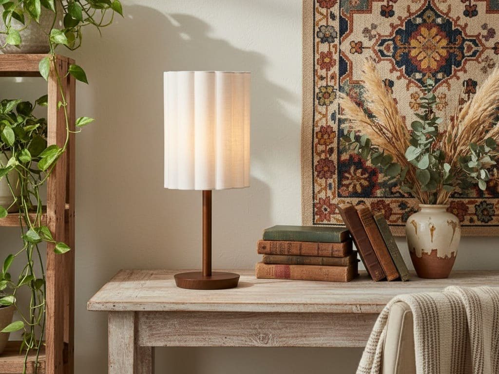 Linbron tafellamp met warm licht op houten tafel