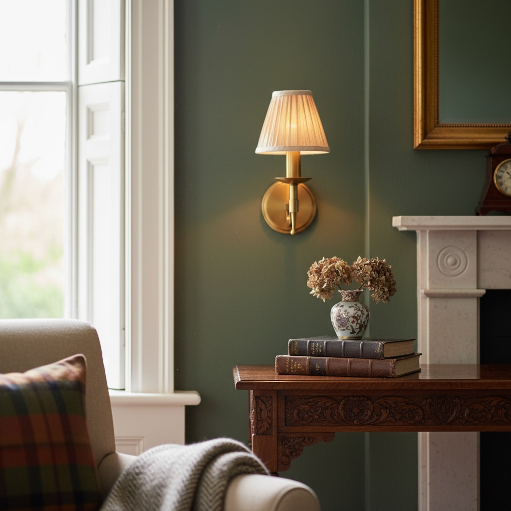 Tela brass wall light beside a window and mantel