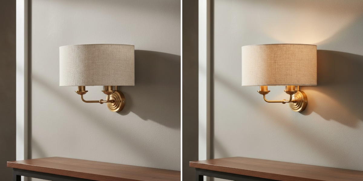 Vergelijking van Tela wandlamp zonder en met licht
