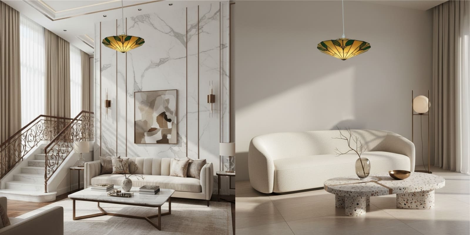 TF Harken hanglamp in twee interieurstijlen