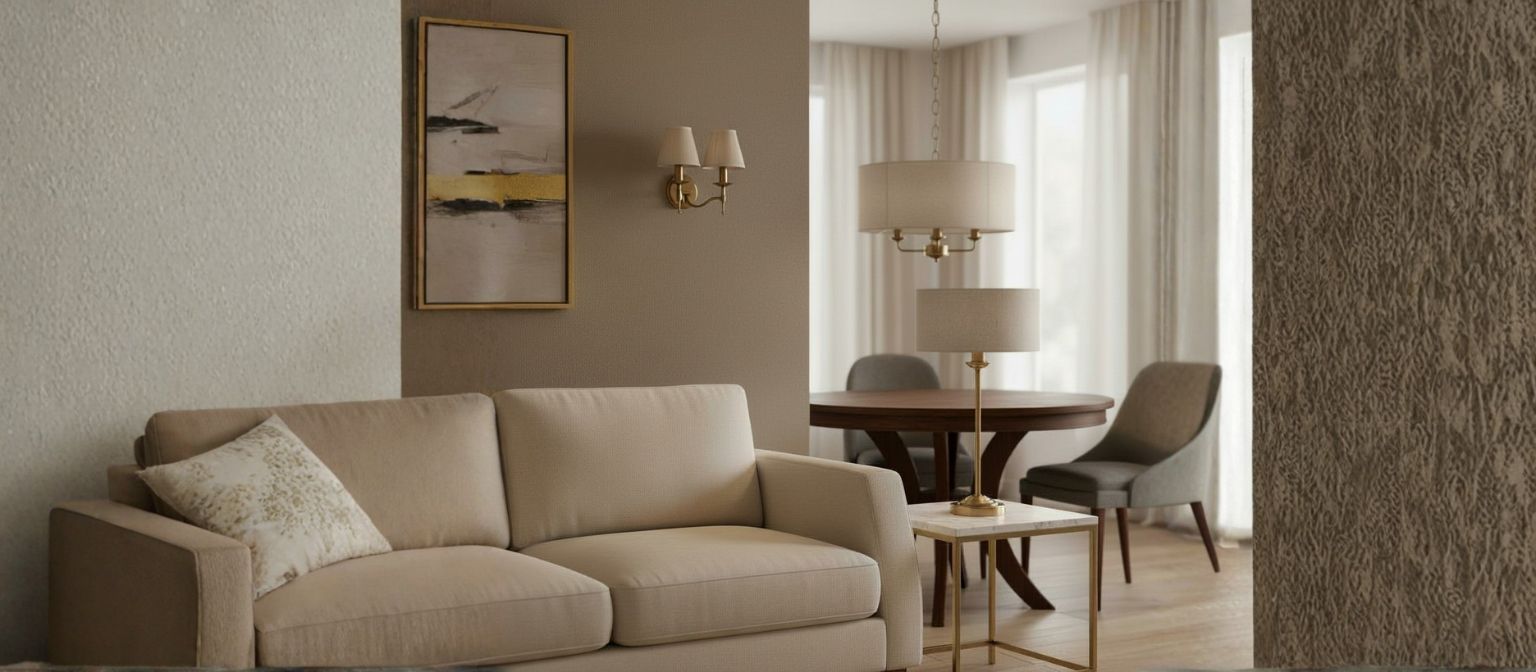 Tela series lighting in a coordinated living and dining room