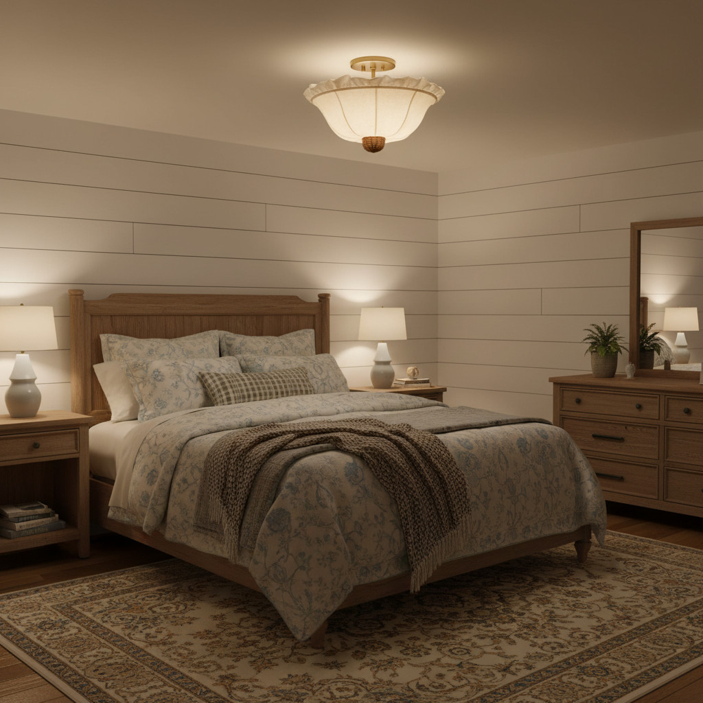 Wickara plafondlamp in slaapkamer met houten wand