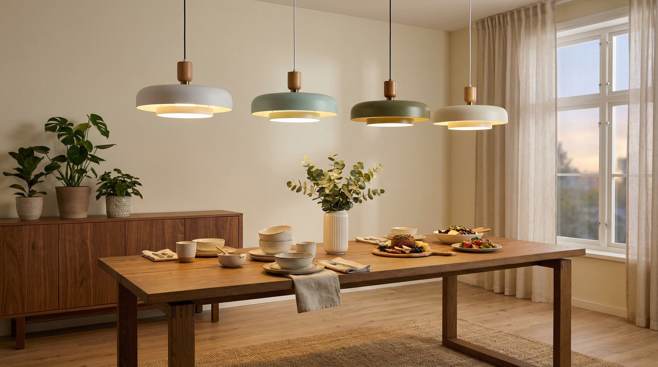 Orbulis Wood and Metal Circular Pendant boven een eettafel