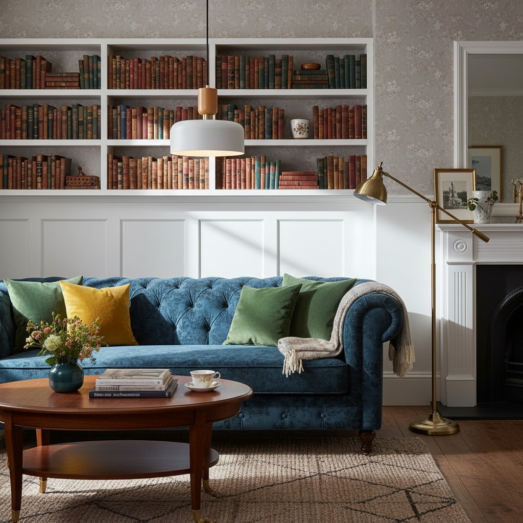 Orbulis pendellamp in woonkamer met boekenkast