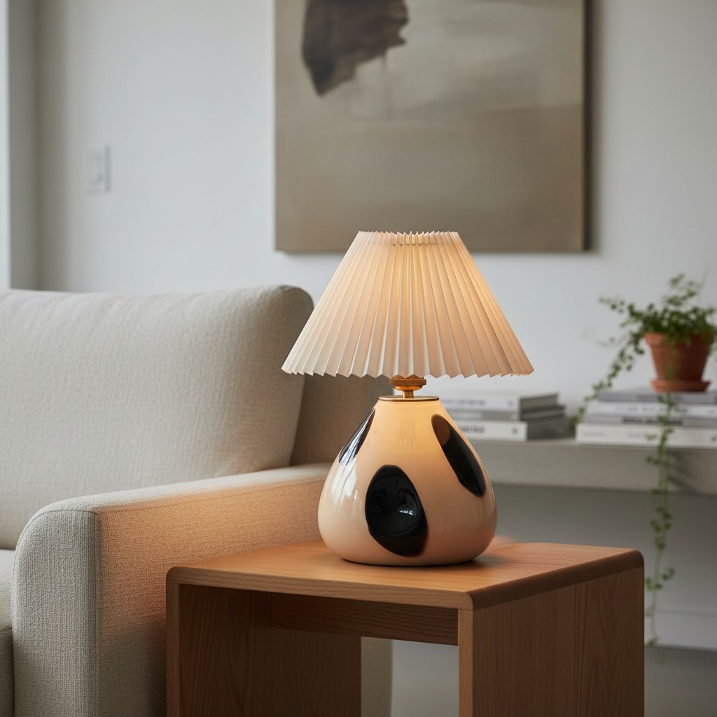 Undara tafellamp op een houten bijzettafel in een zachte woonkamer