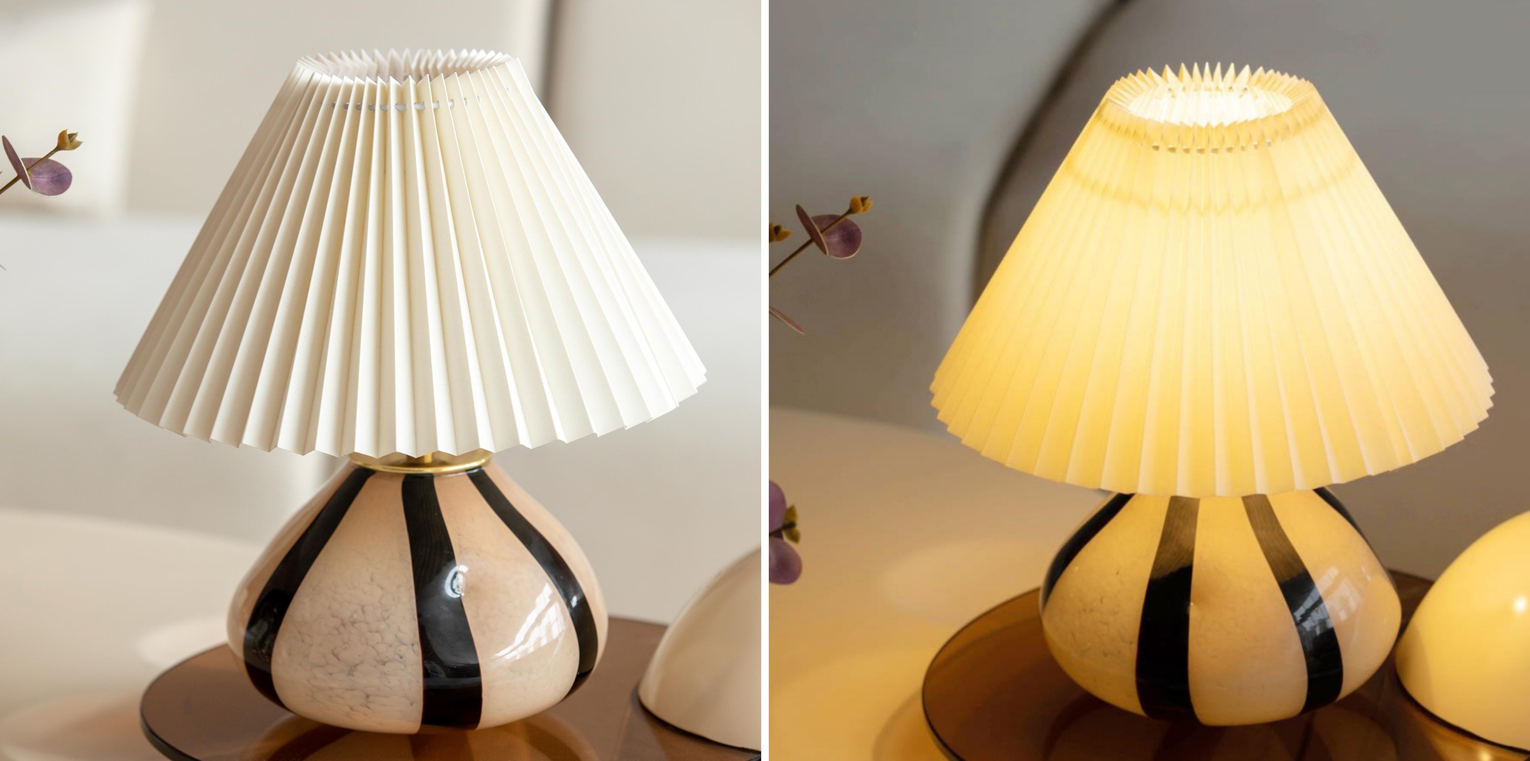 Vergelijking van de Undara tafellamp met licht uit en licht aan
