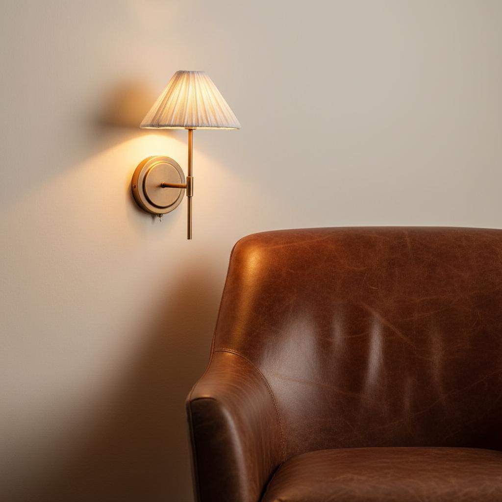 Lindi wandlamp naast leren fauteuil