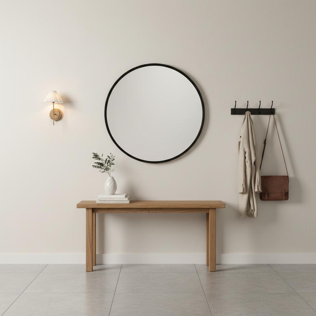 Lindi wandlamp bij ronde spiegel en kapstok