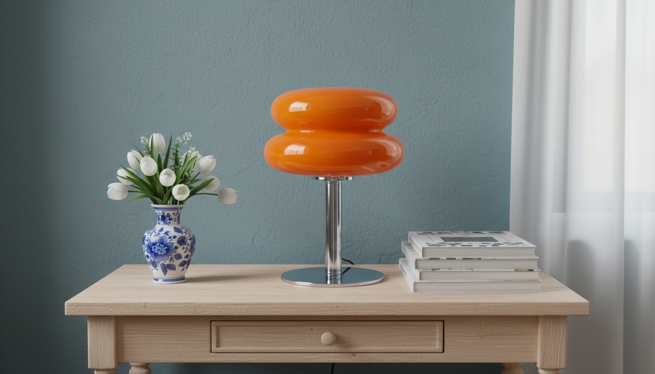 Oranje Lollipop Ripple tafellamp op een kast