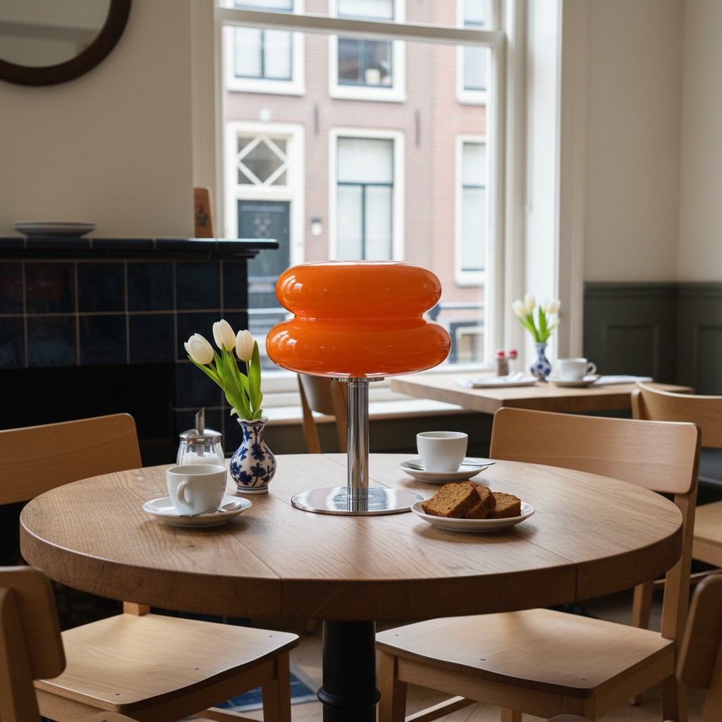 Oranje Lollipop Ripple tafellamp op een eettafel