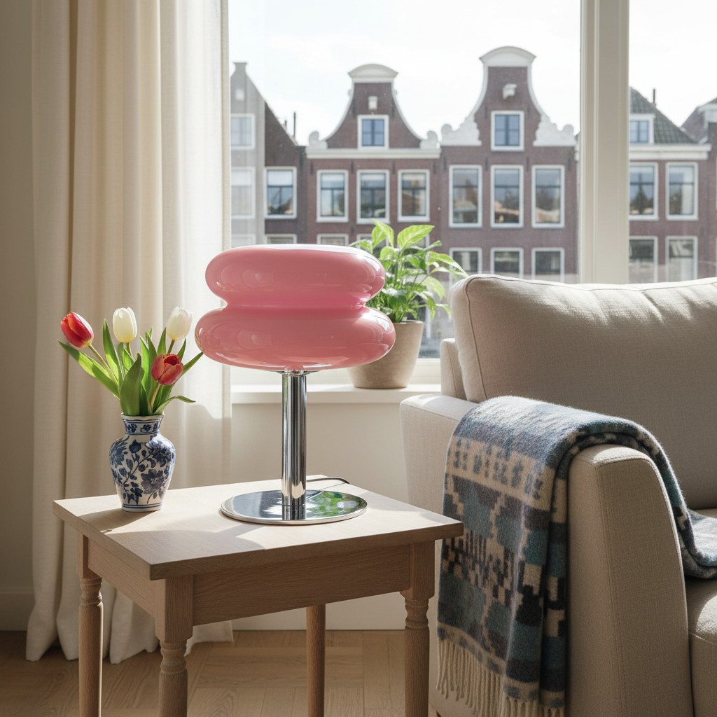 Roze Lollipop Ripple tafellamp bij het raam