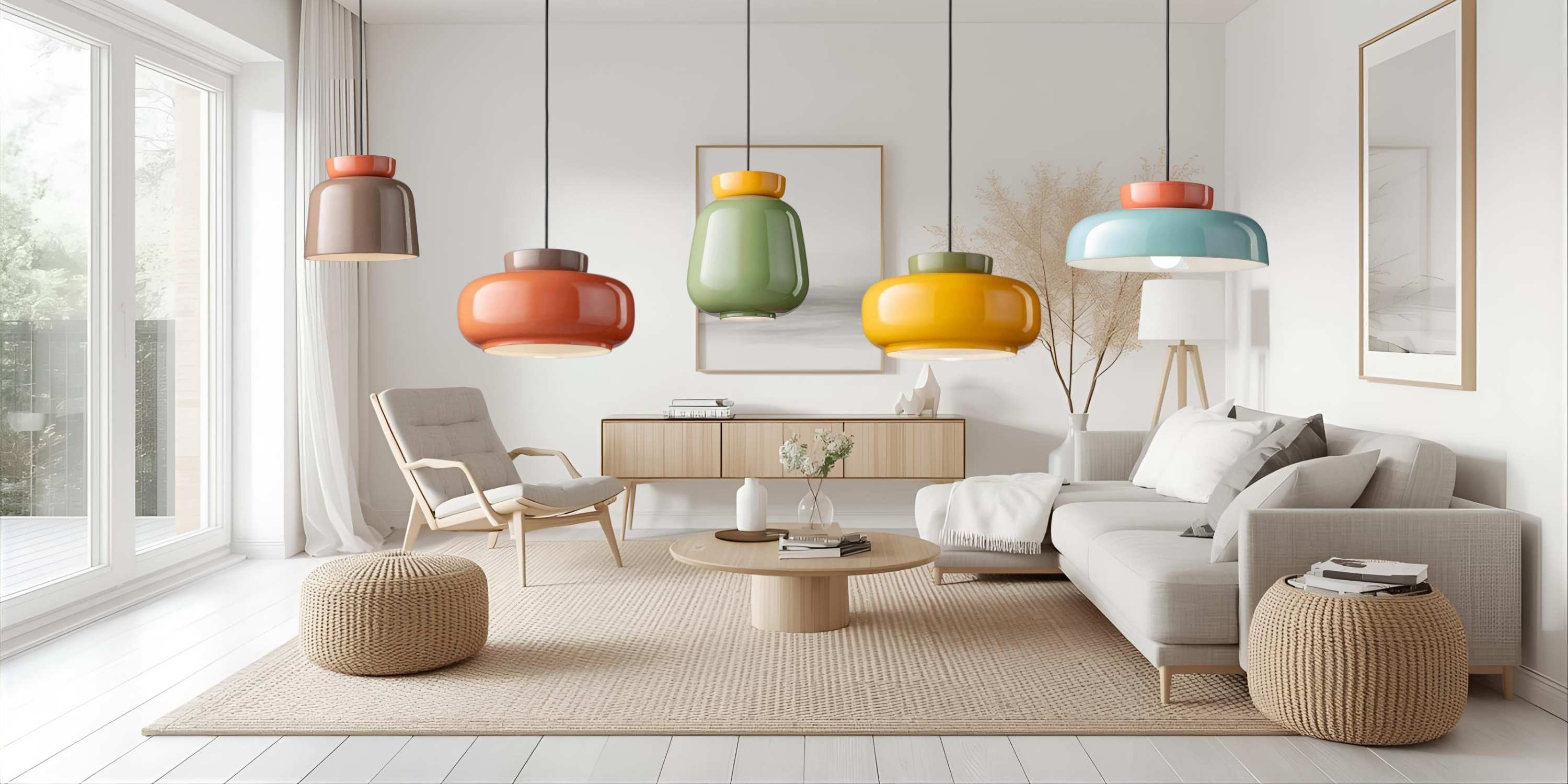 Macarons keramische hanglamp in een lichte woonkamer