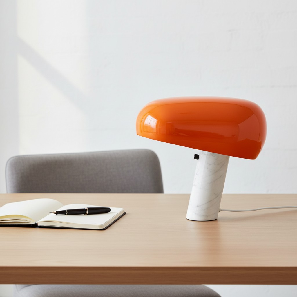 Oranje tafellamp op bureau