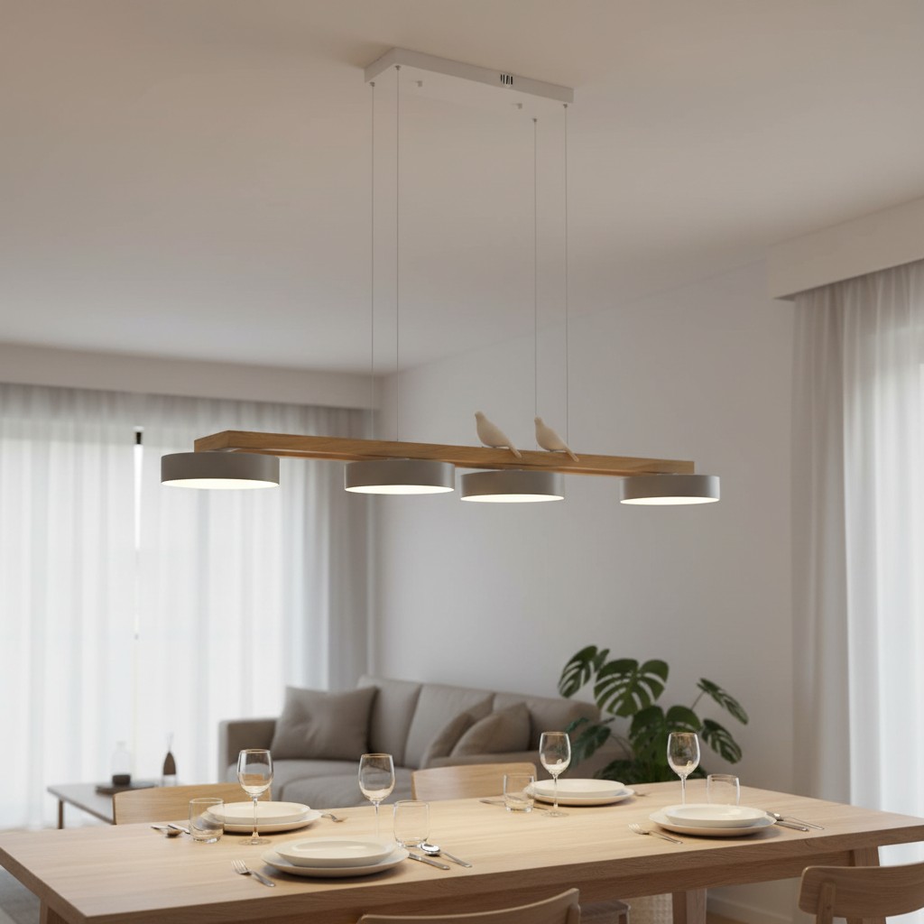 Sienna Bird Linear Chandelier boven een lange eettafel