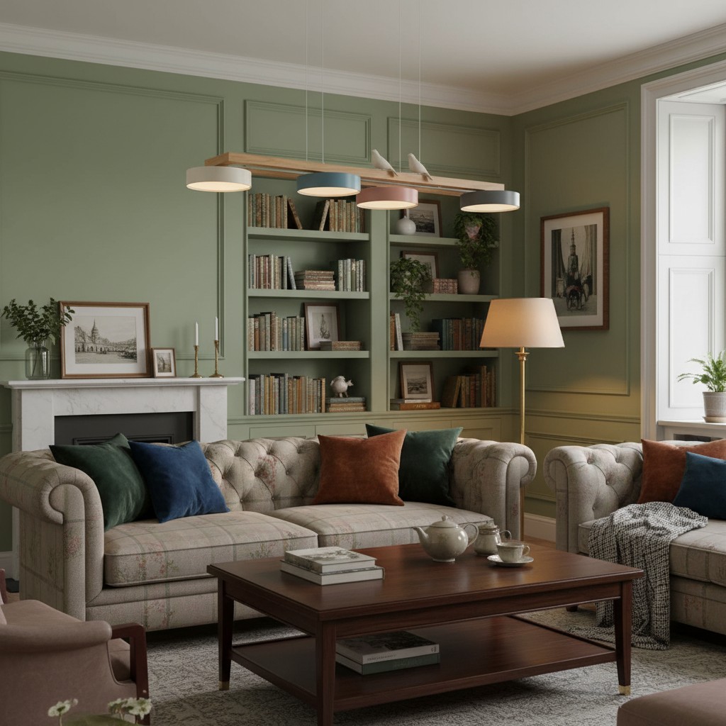 Sienna Bird Linear Chandelier in een groene woonkamer