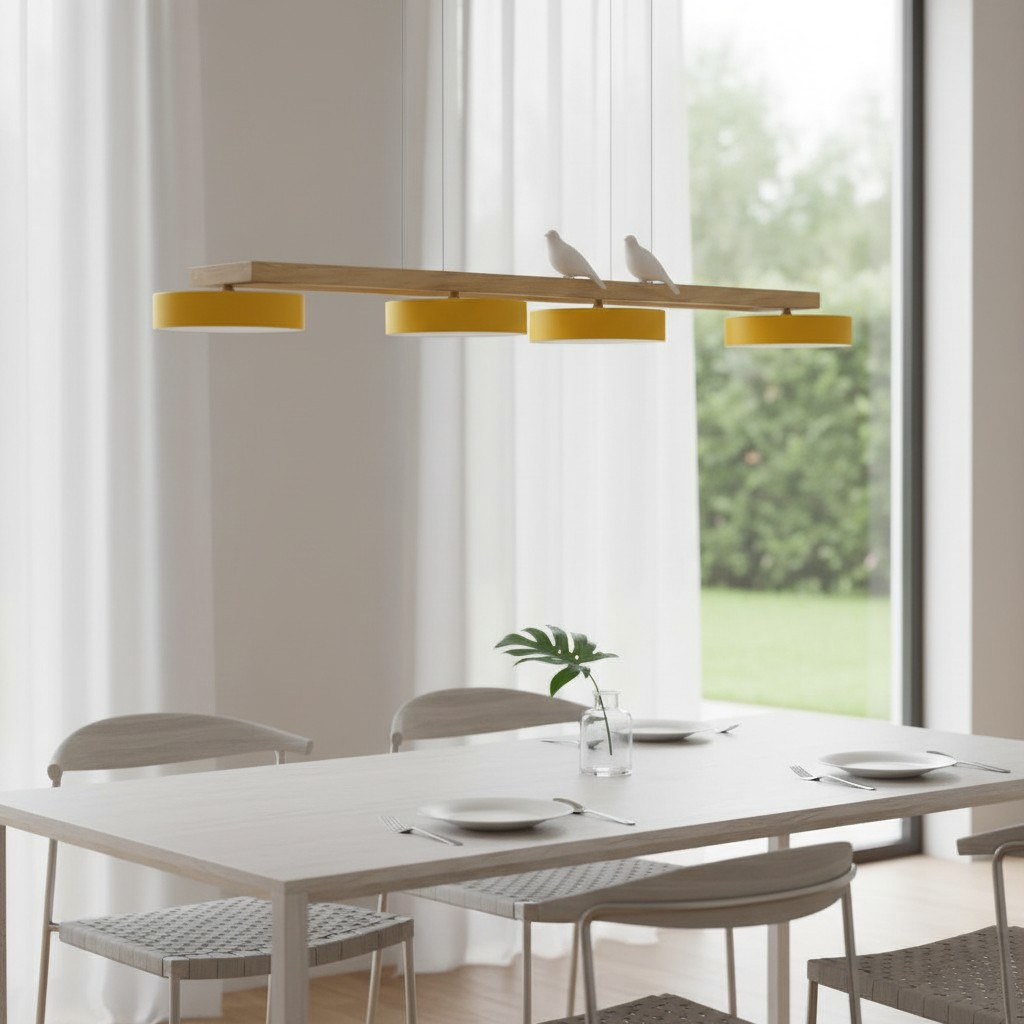 Gele Sienna Bird Linear Chandelier in eetkamer