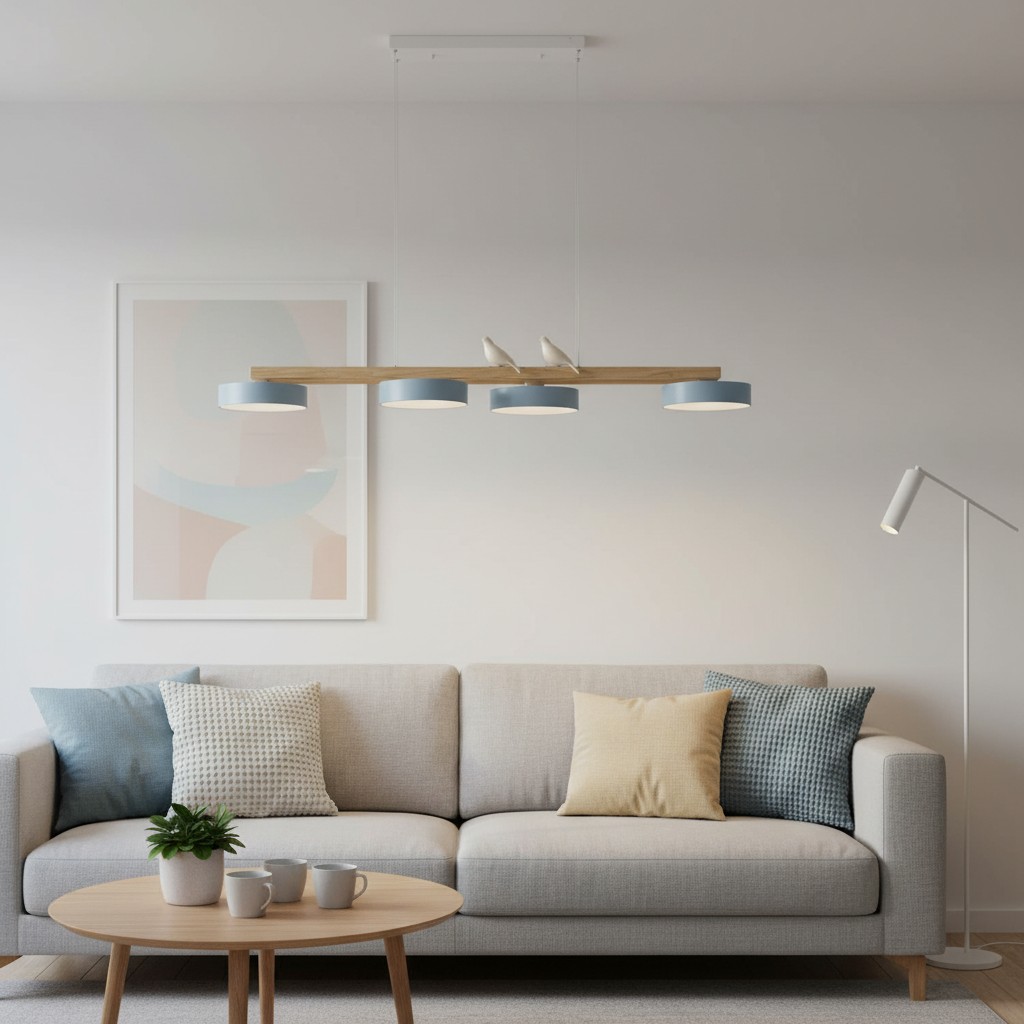 Sienna Bird Linear Chandelier in een woonkamer met bank