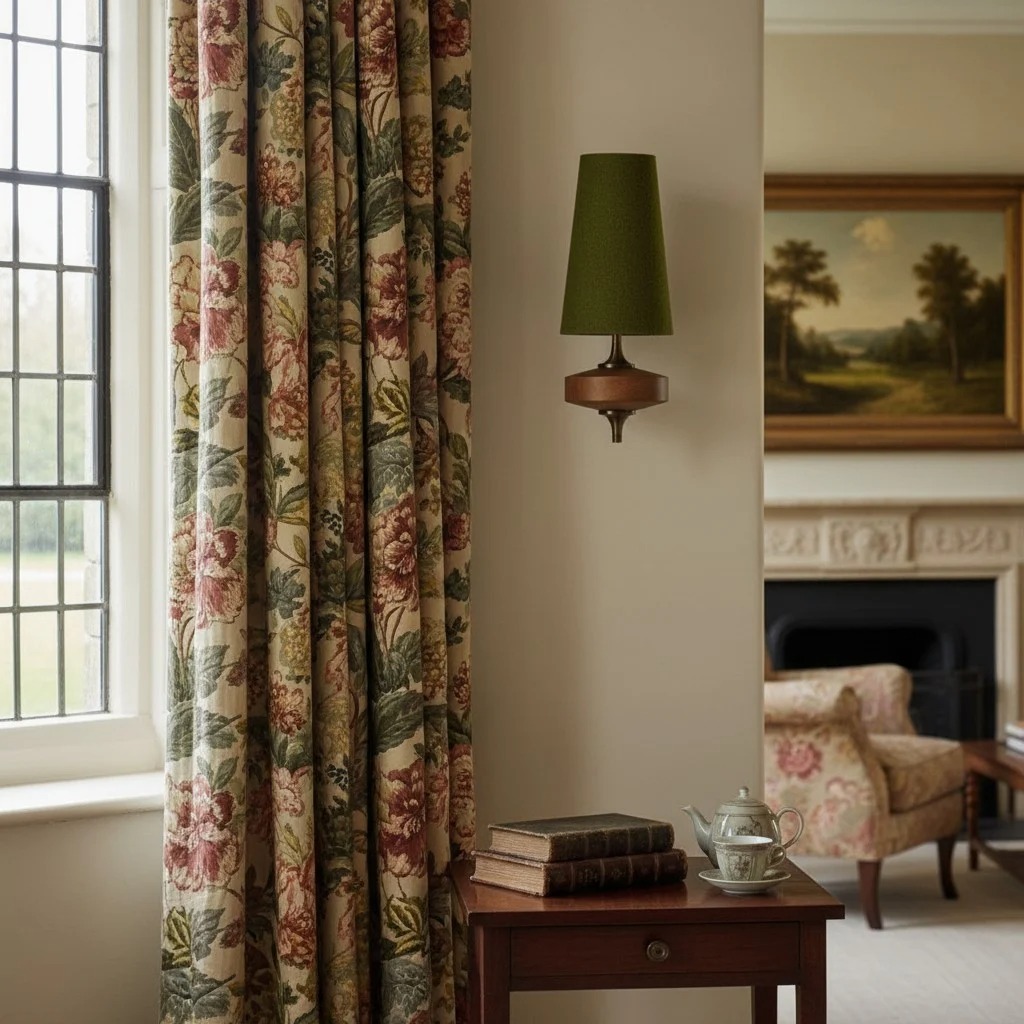 Hour Rho groene wandlamp bij gordijnen