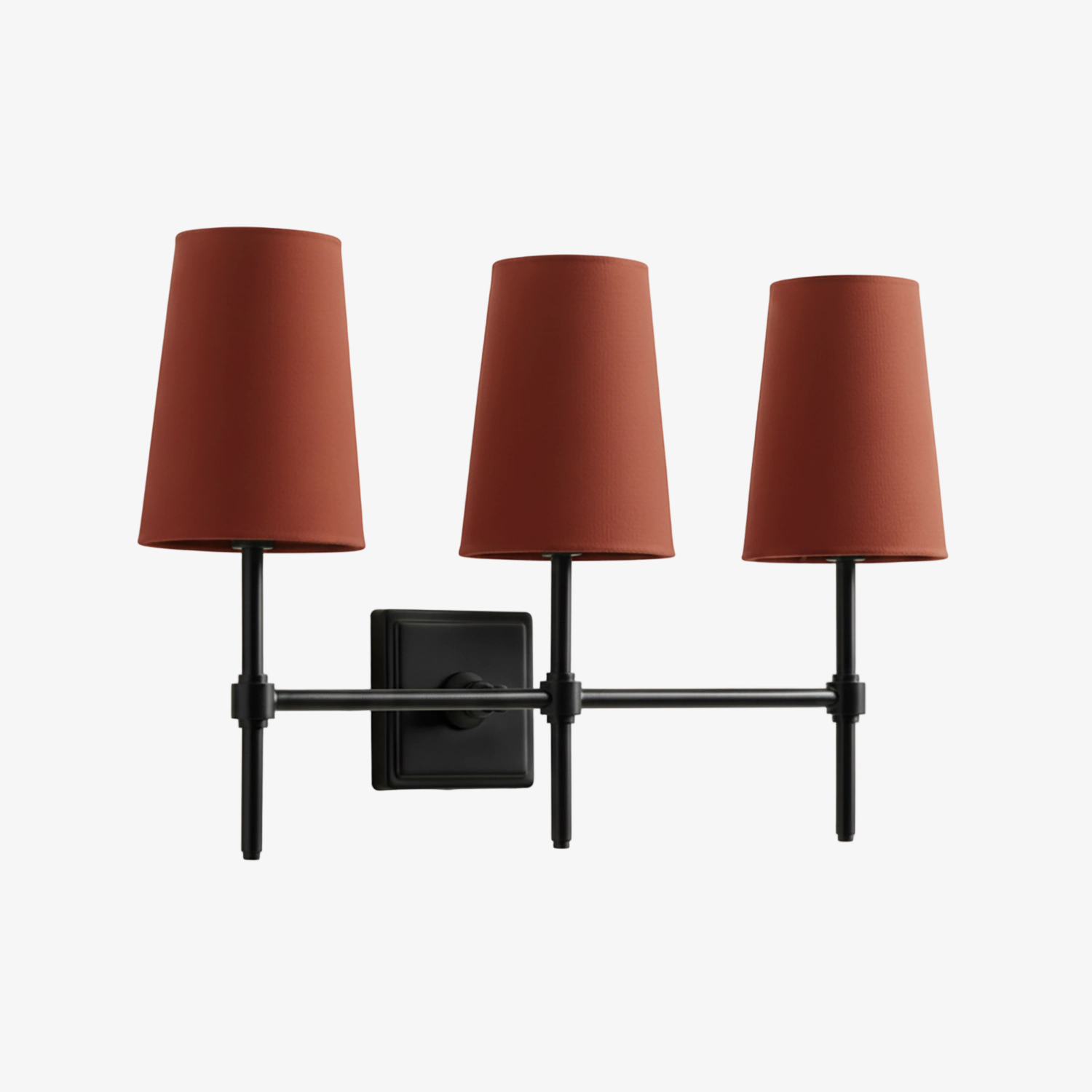 3 hoofden wandlamp mat zwart rode kappen