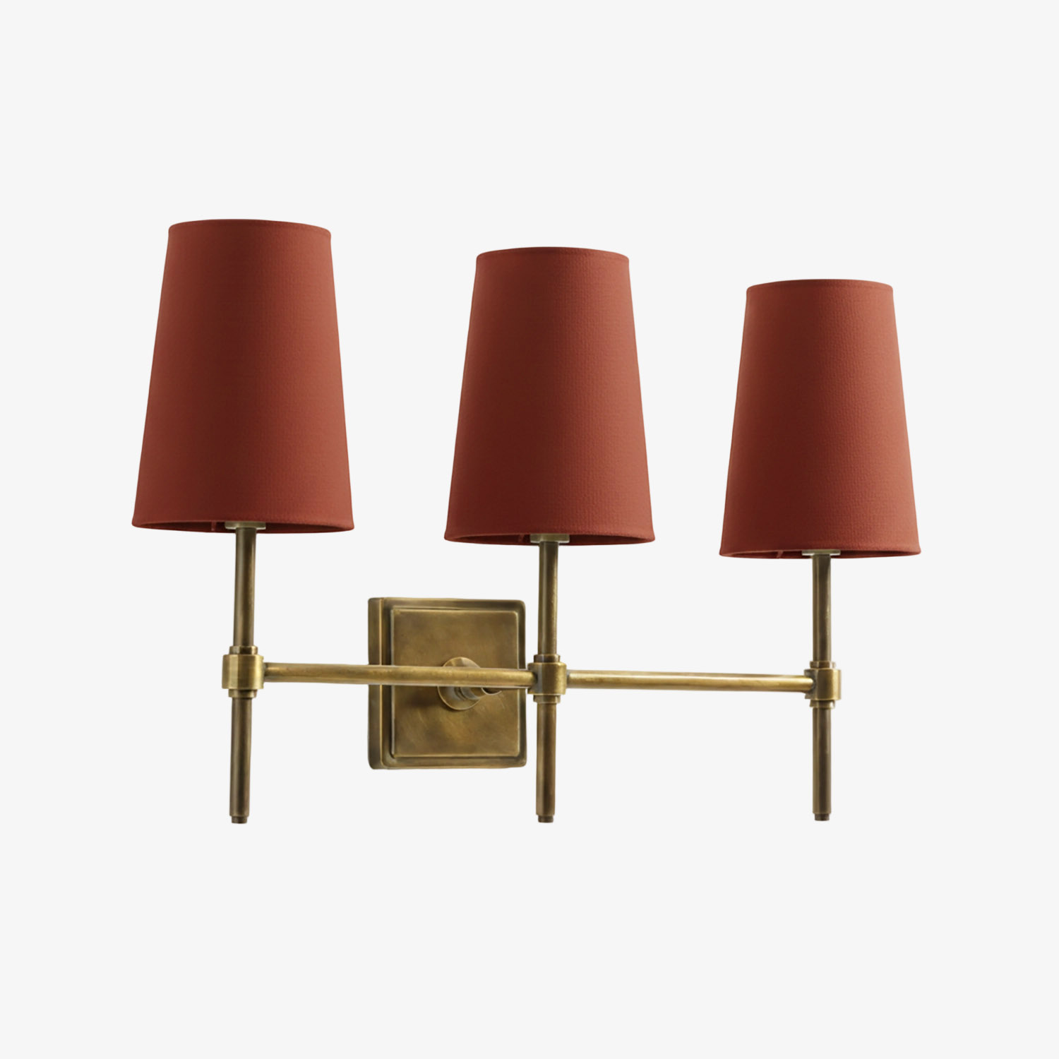 3 hoofden wandlamp messing rode kappen