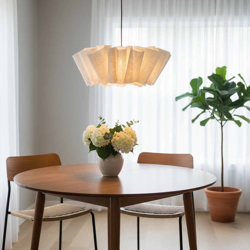 Geplooide hanglamp boven ronde tafel