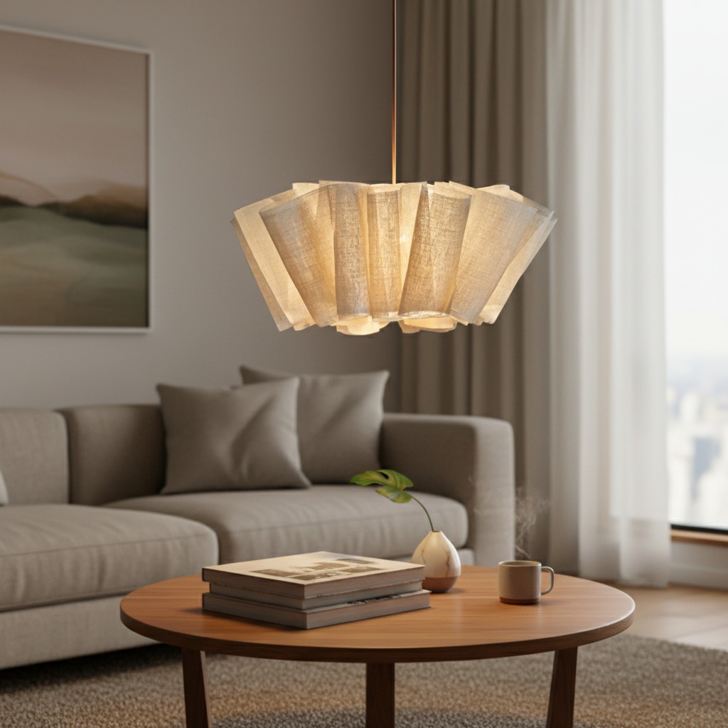 Warme geplooide hanglamp in woonkamer