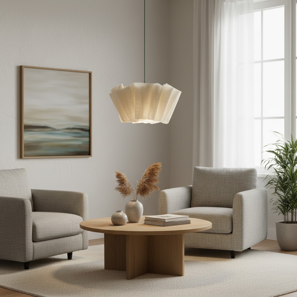 Geplooide hanglamp in lichte zithoek