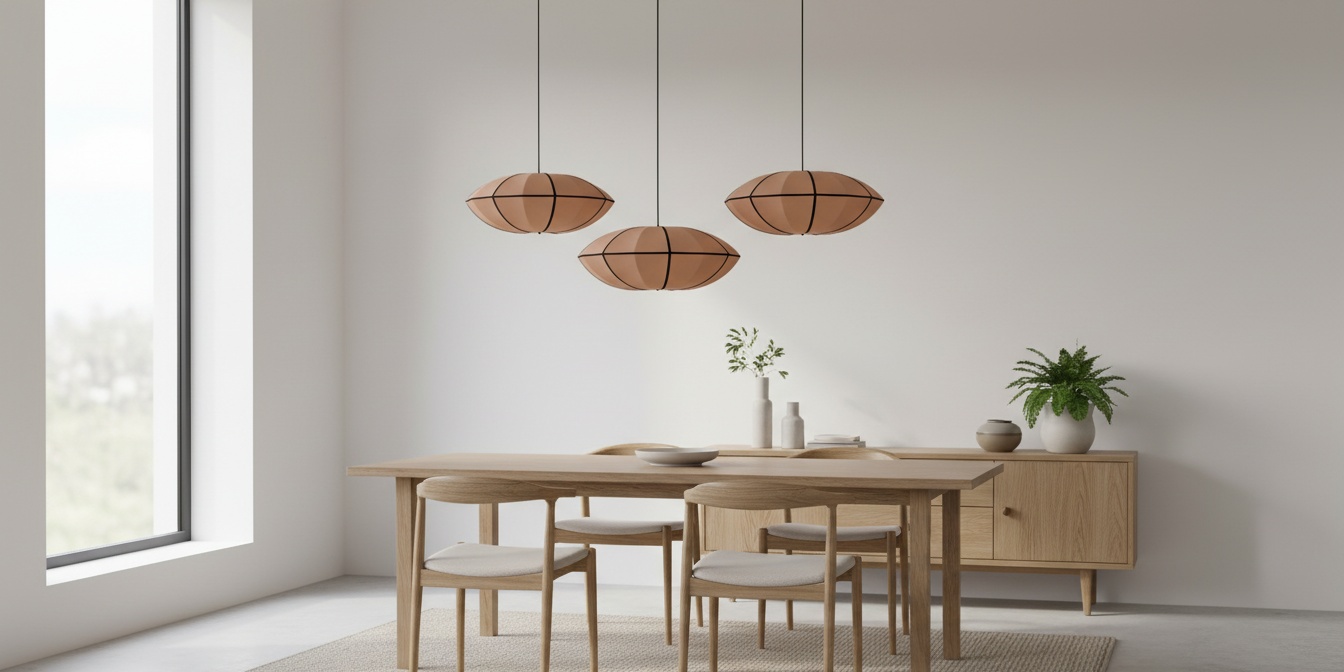 Minimalistische hanglampen van lintstof boven een lichte eettafel