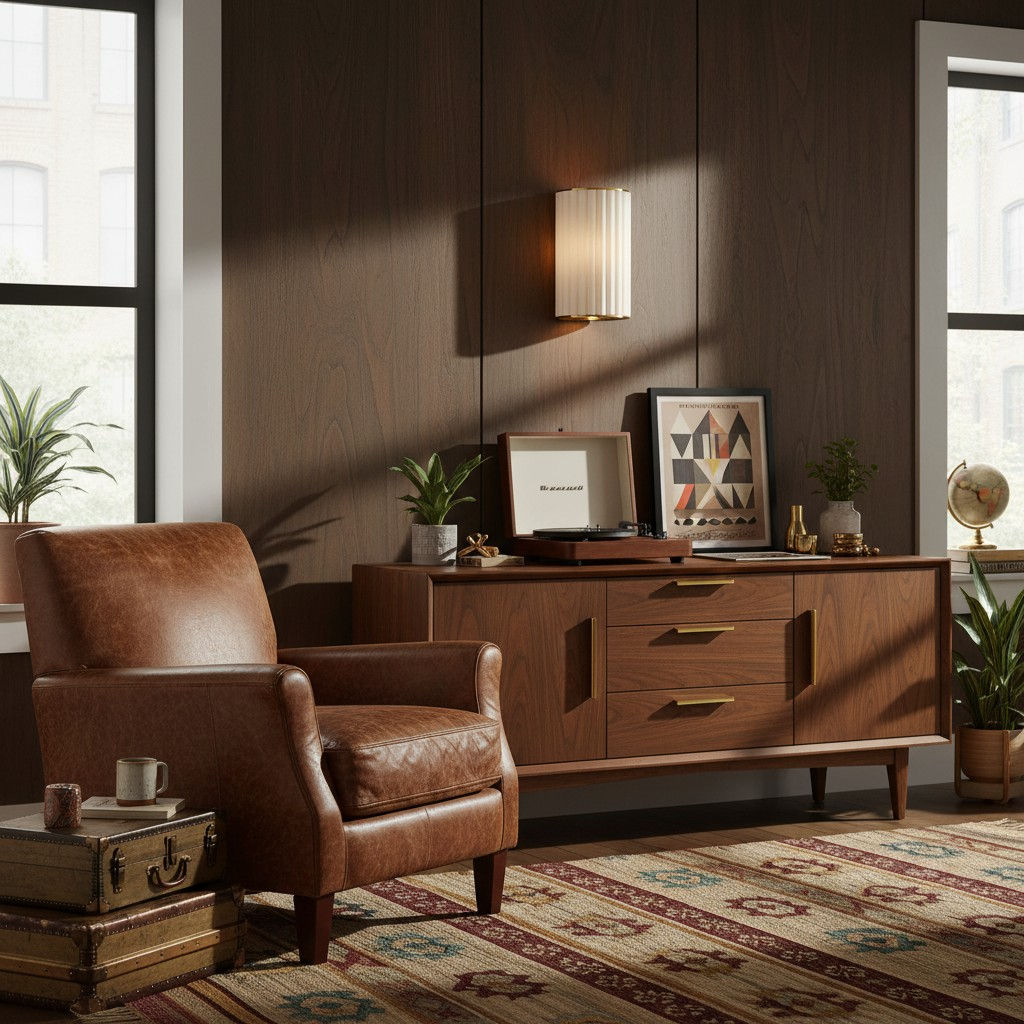 Duova wandlamp in een donkere houten zithoek