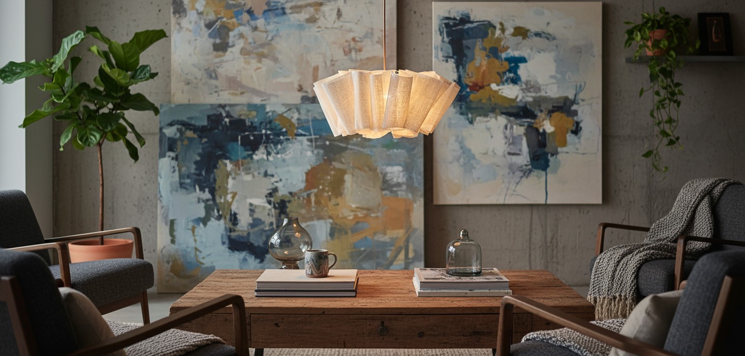 Geplooide linnen hanglamp in een moderne eetruimte