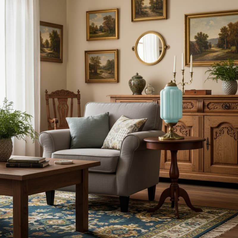 Blauwe Eloise lamp in een vintage interieur
