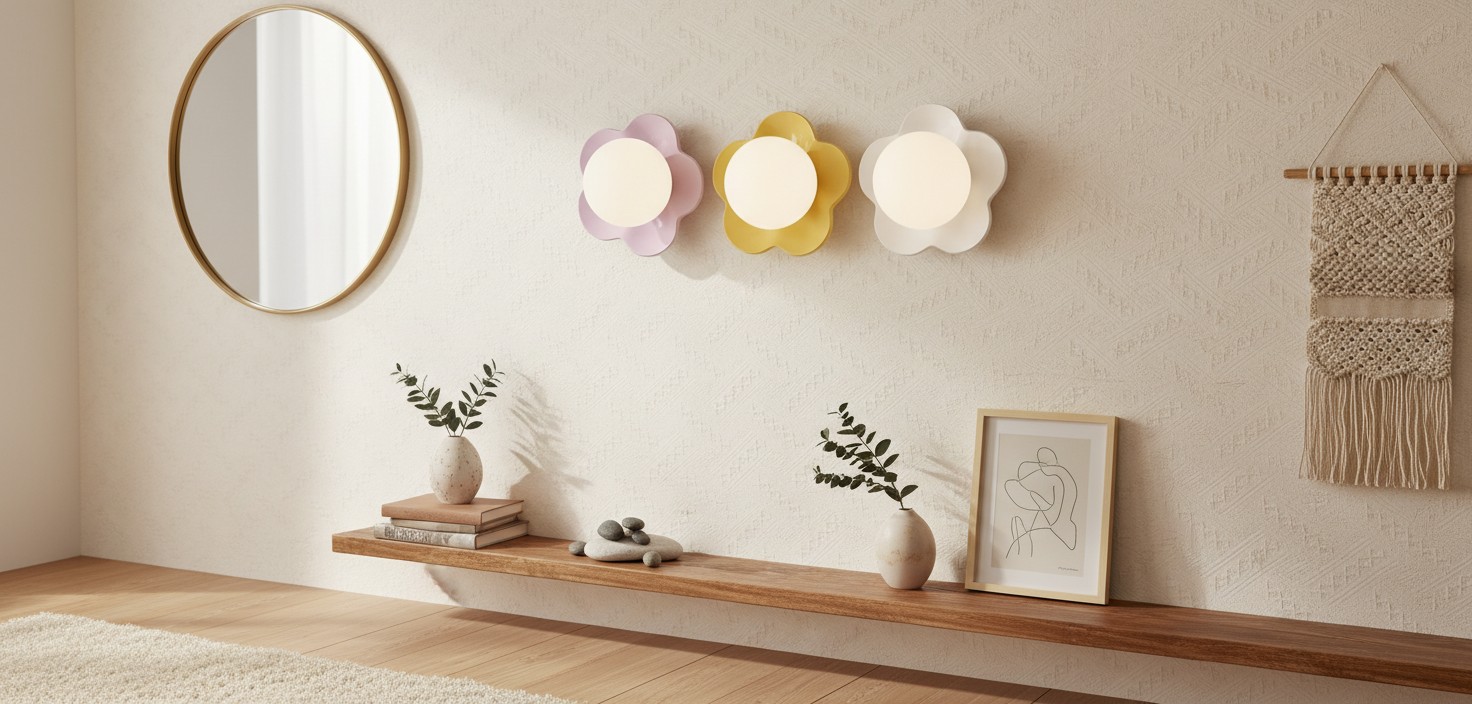 LaFleur wandlamp in paars, geel en wit aan een binnenmuur
