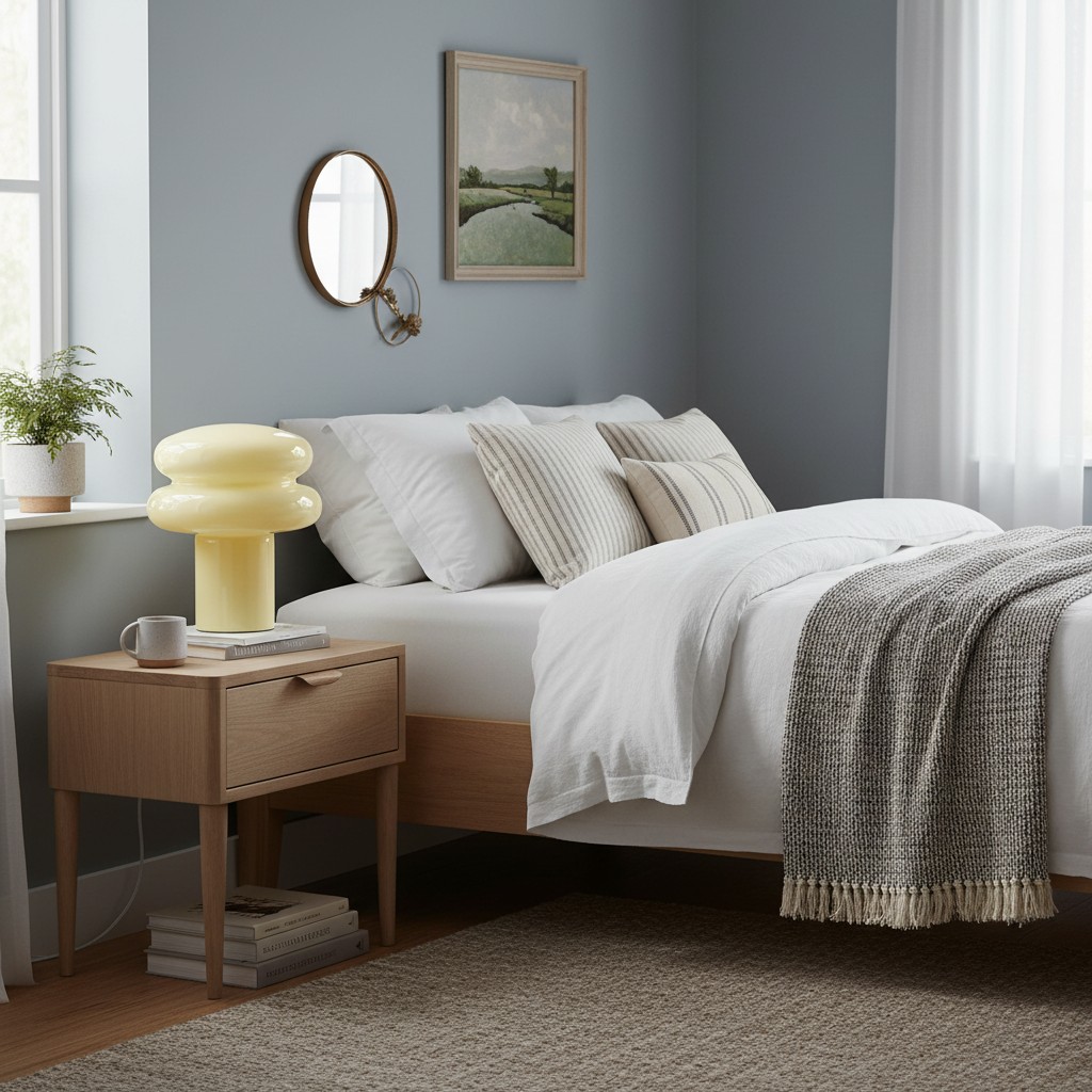 Gele tafellamp naast bed
