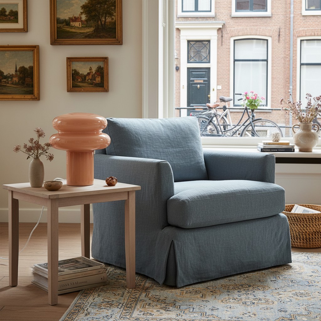Roze tafellamp naast fauteuil