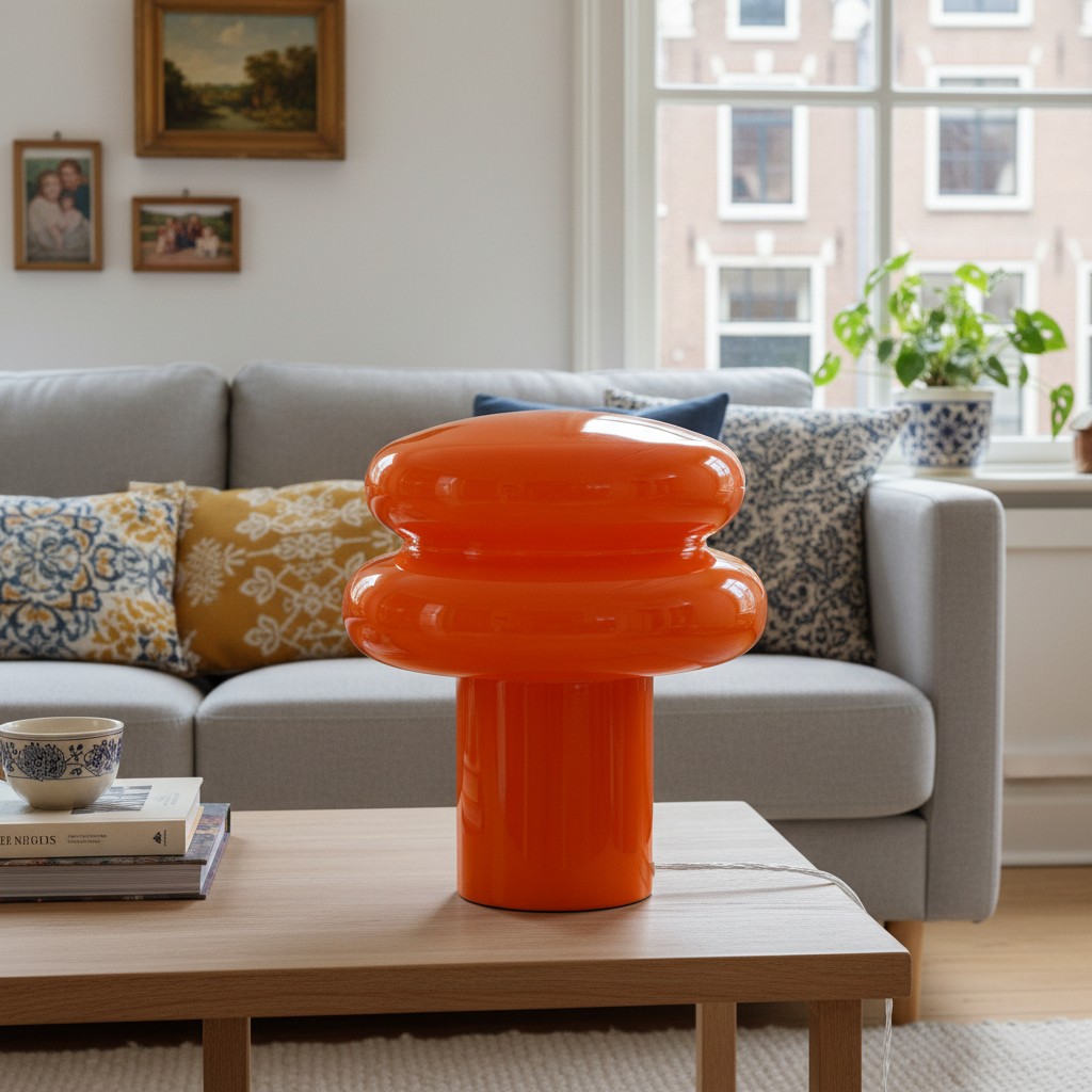Oranje tafellamp in woonkamer