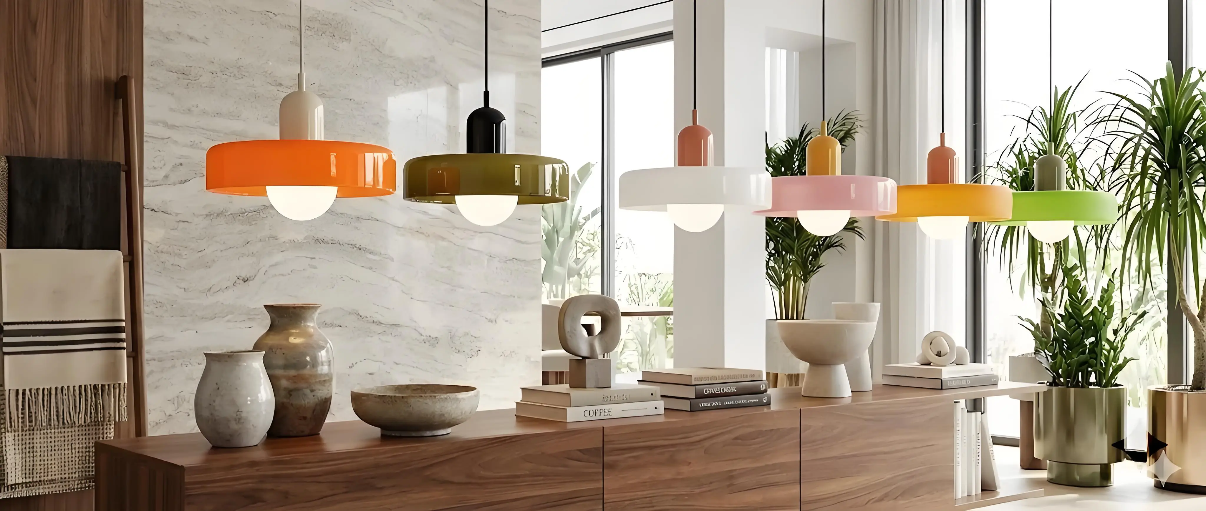 Schijfvormige glazen hanglamp in meerdere kleuren boven een modern interieur