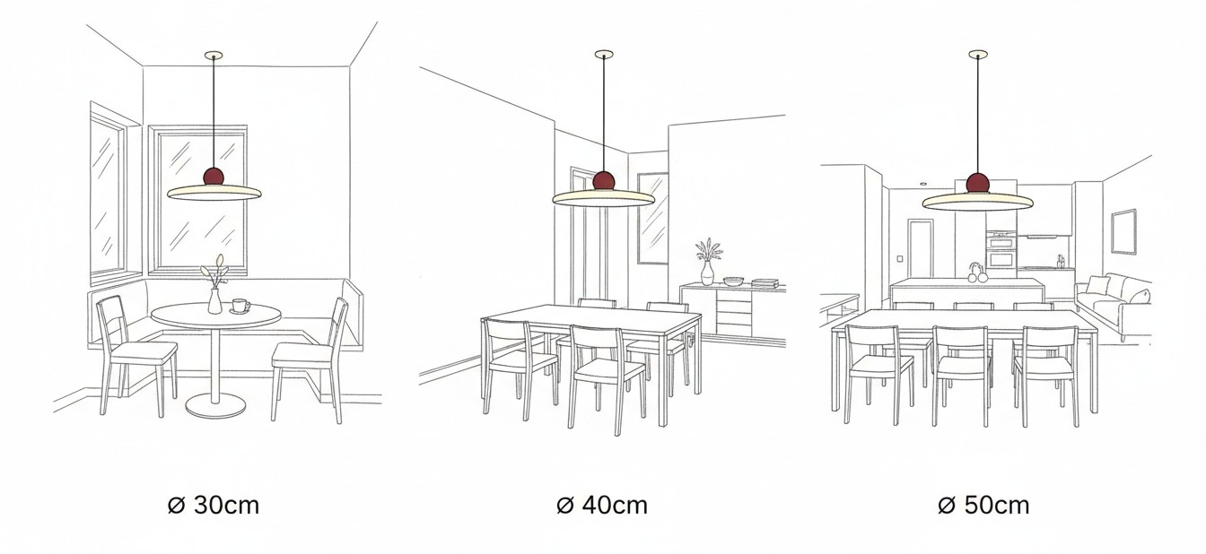 Installatievoorbeelden voor 30 cm, 40 cm en 50 cm Morandi hanglampen