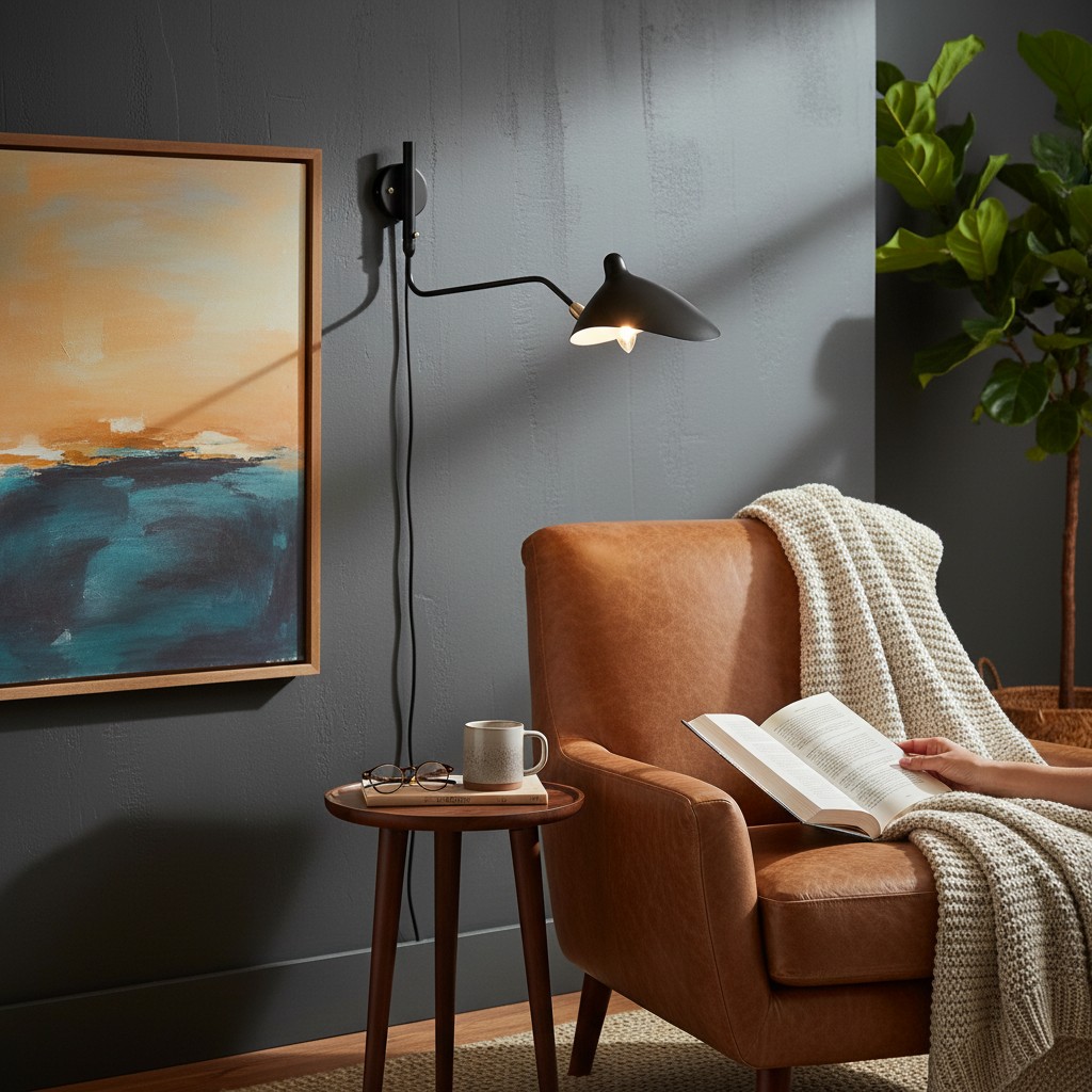 Zwarte wandlamp naast een fauteuil