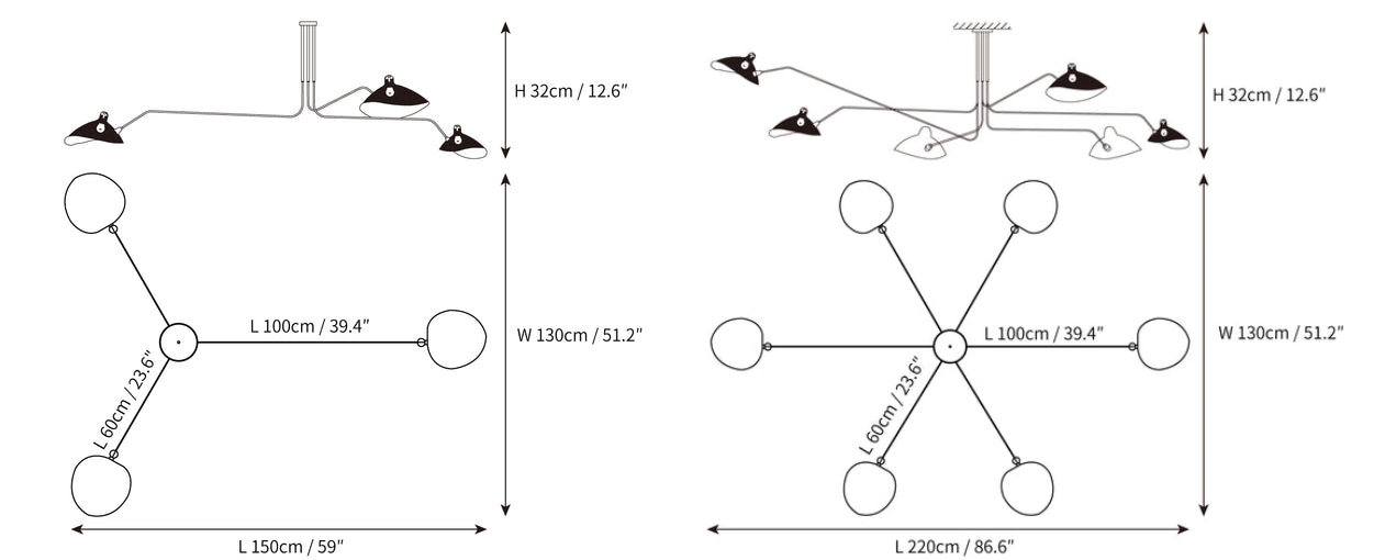 Productgrootte schema Serge Mouille plafondlamp