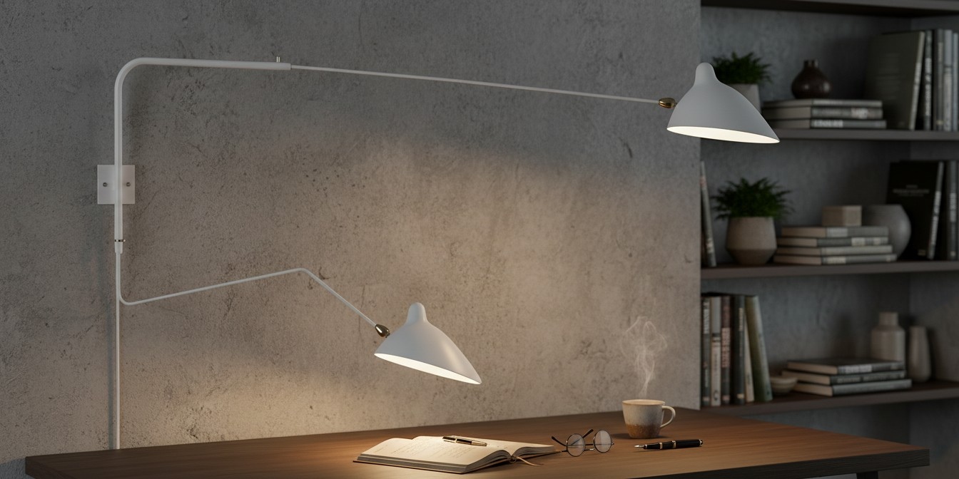 Witte verstelbare wandlamp boven een bureau
